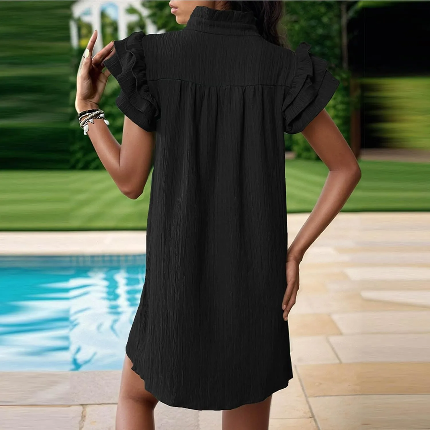 JOAU Womens Summer Dress 2024 Ruffle Short Sleeve V Neck A-Line Mini Dresses Casual Loose Mock Neck Babydoll Shift Dress
