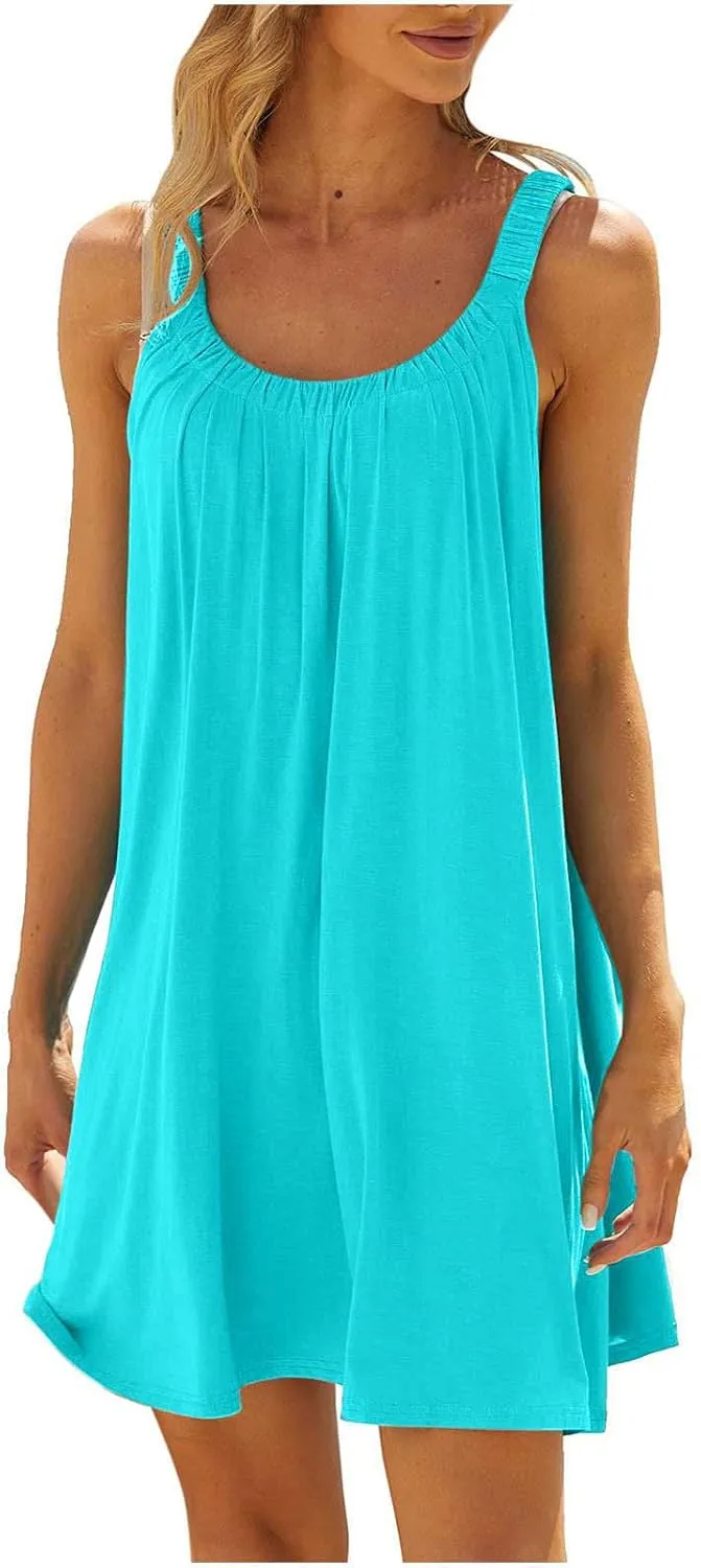 jsaierl Women Sundress Summer Sleeveless Beach Mini Dress Cute Cami Tank Dress A Line Swing Dress Casual Boho Vacation Dress