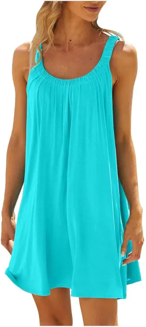 jsaierl Women Sundress Summer Sleeveless Beach Mini Dress Cute Cami Tank Dress A Line Swing Dress Casual Boho Vacation Dress
