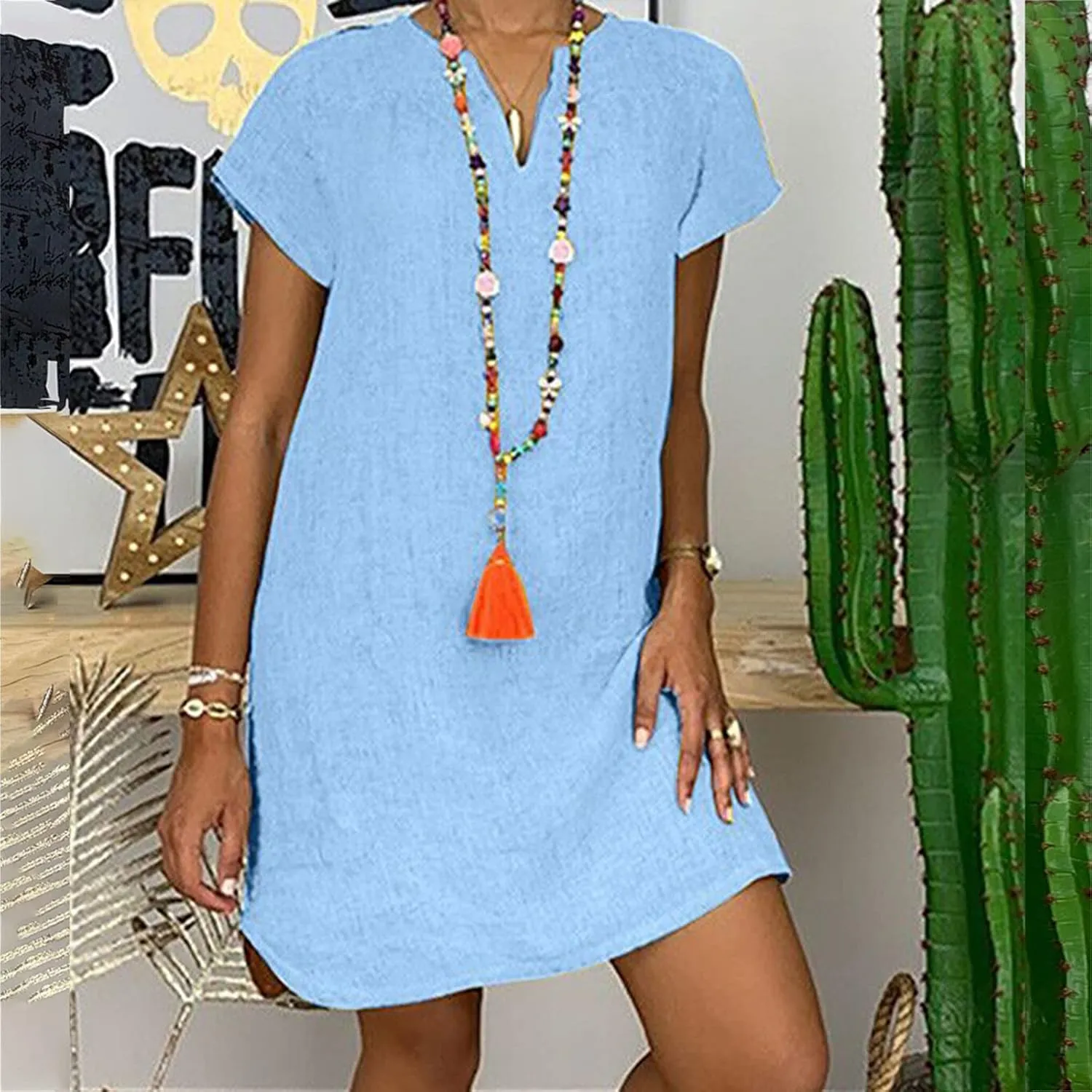 Linen Dress Women Summer Short Sleeve Midi Beach Dress Boho V Neck Casual Loose Flowy Dresses Cruise Vacation Outfits