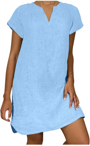 Linen Dress Women Summer Short Sleeve Midi Beach Dress Boho V Neck Casual Loose Flowy Dresses Cruise Vacation Outfits