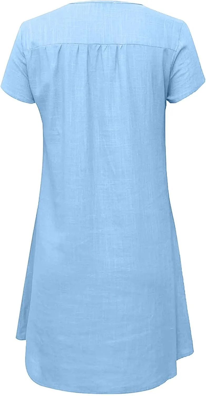 Linen Dress Women Summer Short Sleeve Midi Beach Dress Boho V Neck Casual Loose Flowy Dresses Cruise Vacation Outfits