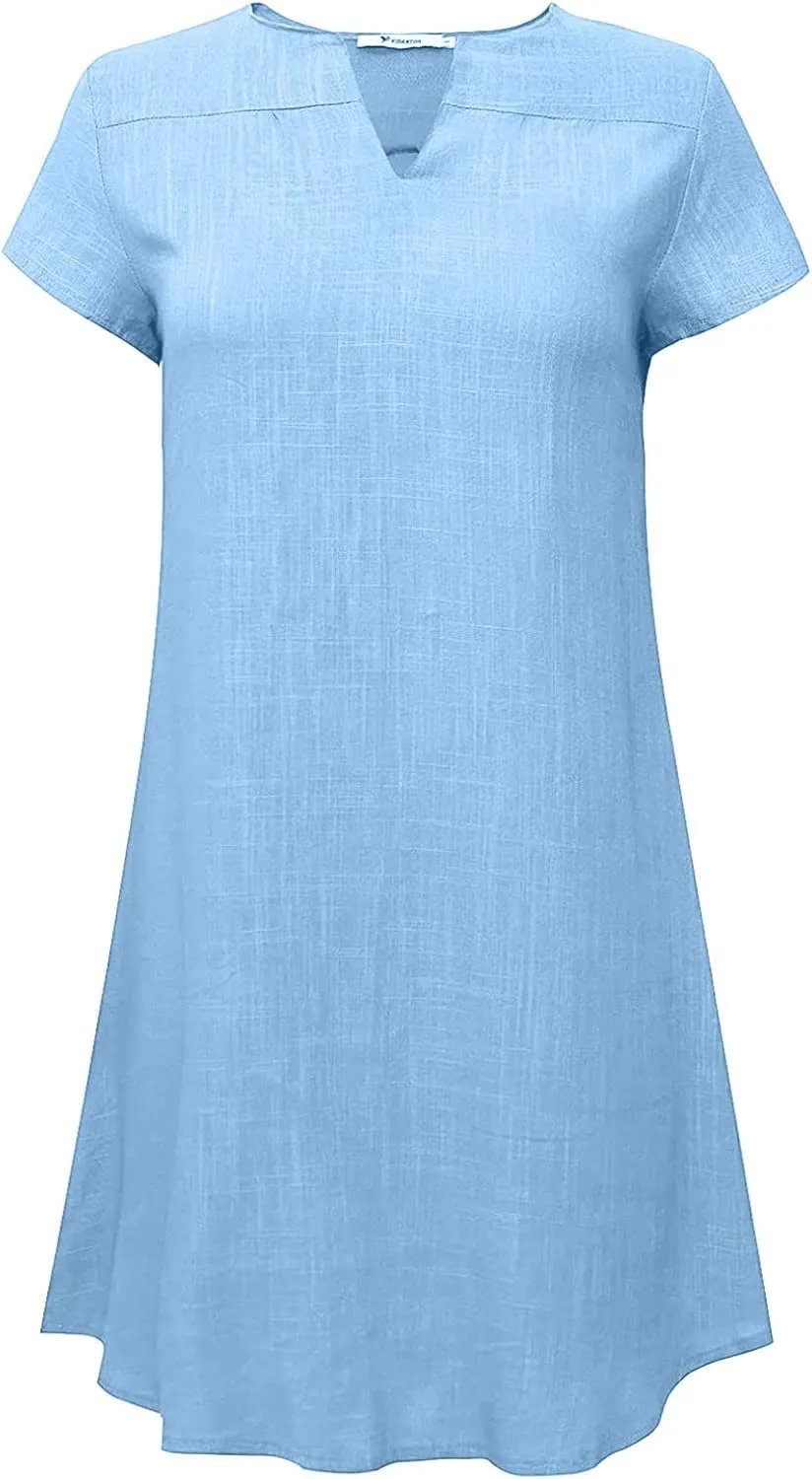Linen Dress Women Summer Short Sleeve Midi Beach Dress Boho V Neck Casual Loose Flowy Dresses Cruise Vacation Outfits