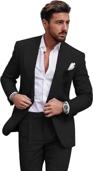 Linen Suit for Men 2 Pieces Slim Fit Casual Suits Groomsmen Tuxedos Wedding Party Blazer Pants Set