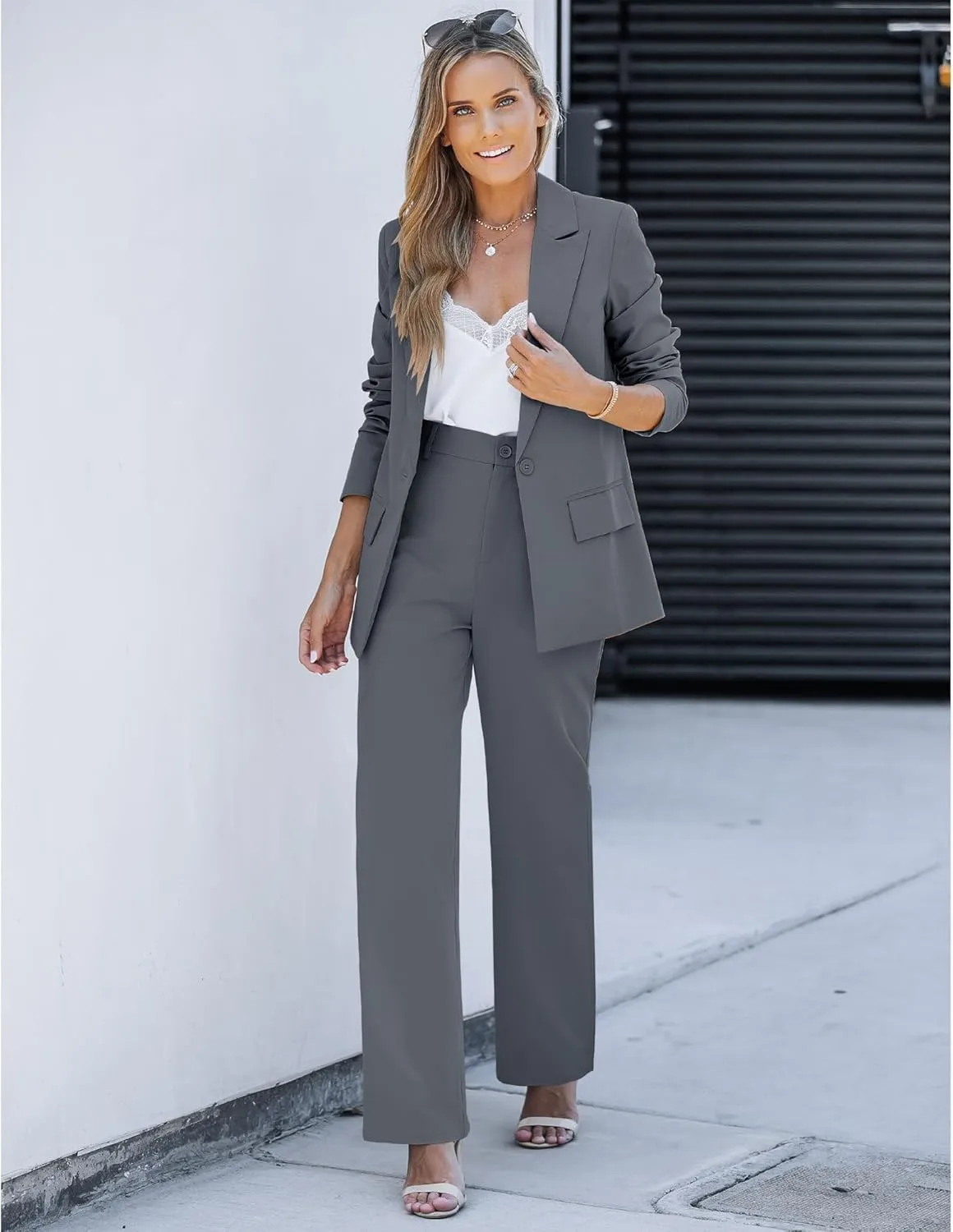 LookbookStore 2 Piece Pant Suits for Women Dressy Blazer High Waisted Straight Leg Pants Sets Business Casual Outfits
