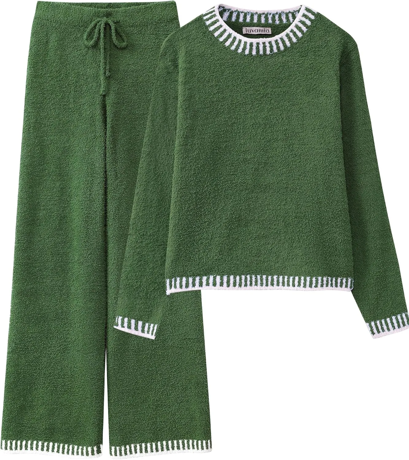 luvamia Two Piece Lounge Sets for Women Fuzzy Long Sleeve Knitted Sweater Contrast Trim Casual Warm Pajama Matching Set
