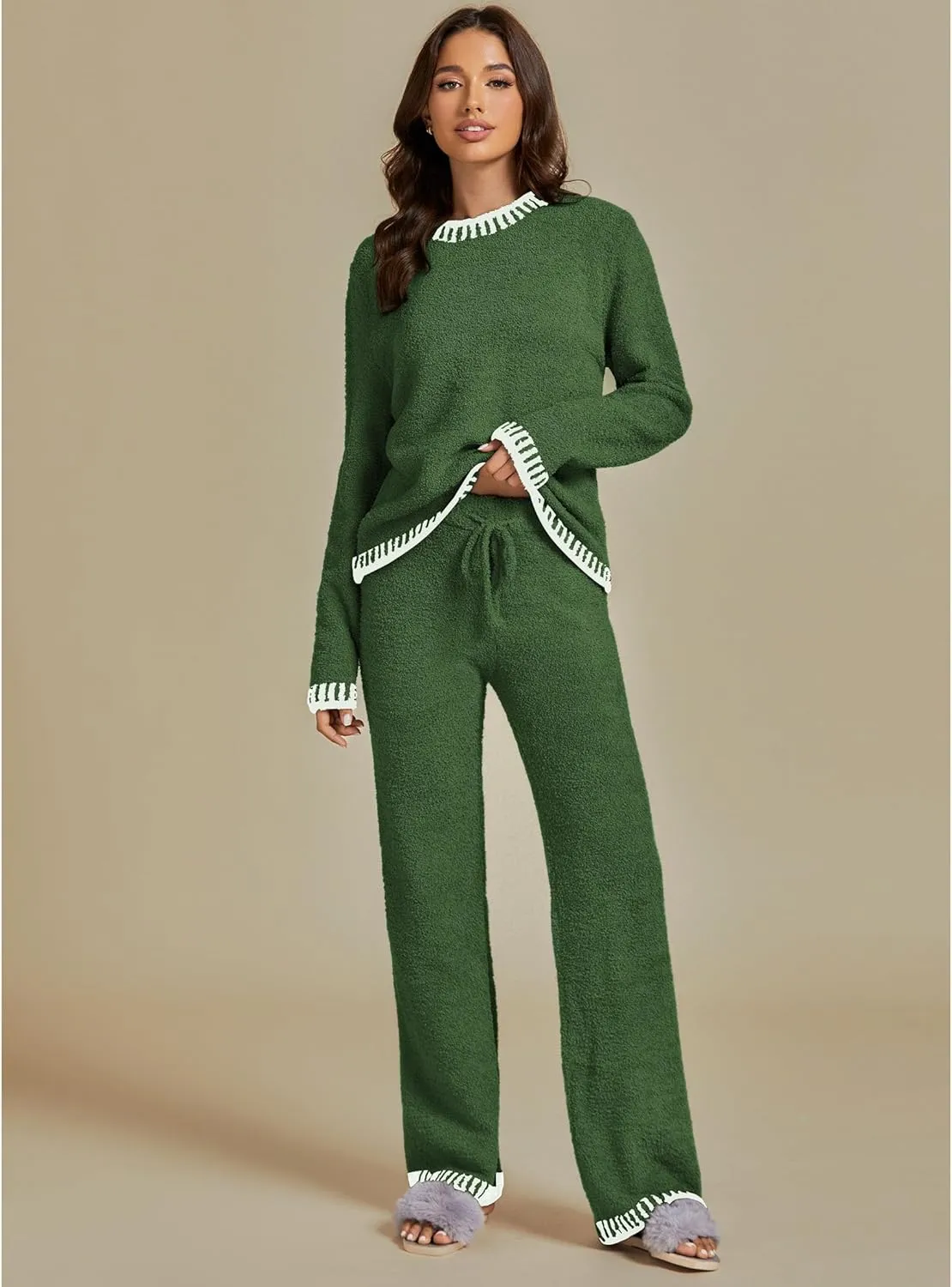 luvamia Two Piece Lounge Sets for Women Fuzzy Long Sleeve Knitted Sweater Contrast Trim Casual Warm Pajama Matching Set