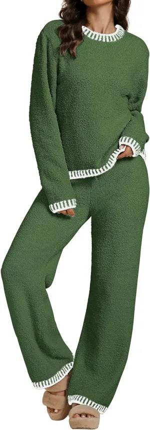 luvamia Two Piece Lounge Sets for Women Fuzzy Long Sleeve Knitted Sweater Contrast Trim Casual Warm Pajama Matching Set