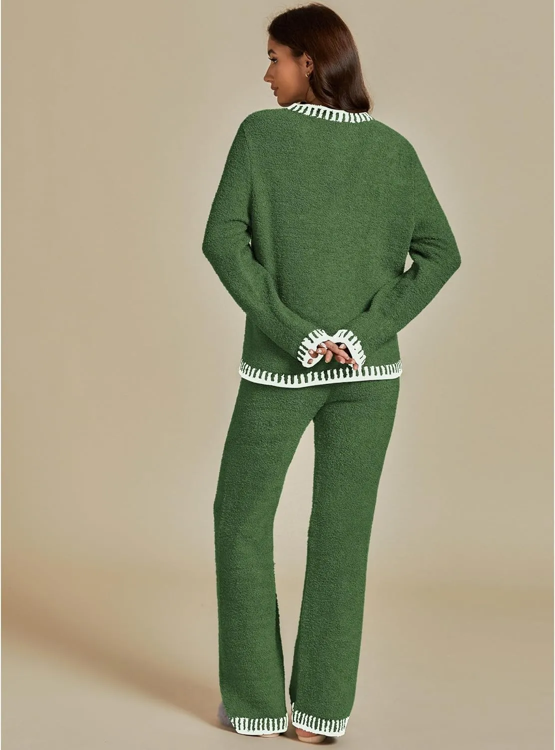luvamia Two Piece Lounge Sets for Women Fuzzy Long Sleeve Knitted Sweater Contrast Trim Casual Warm Pajama Matching Set