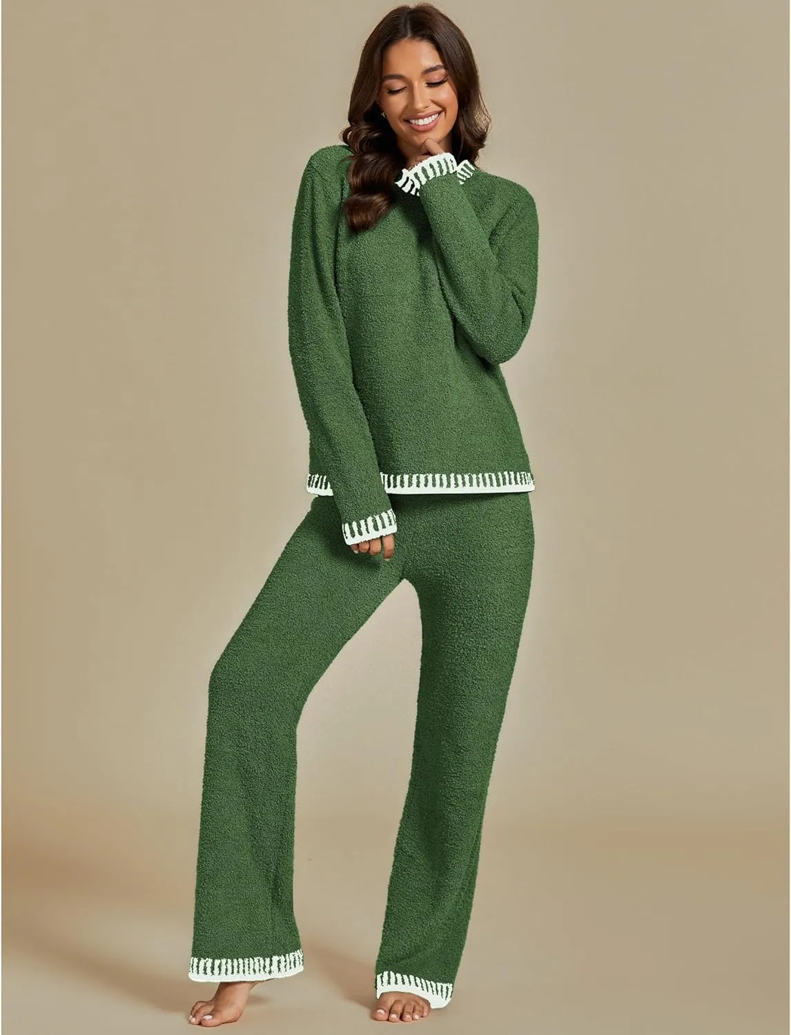 luvamia Two Piece Lounge Sets for Women Fuzzy Long Sleeve Knitted Sweater Contrast Trim Casual Warm Pajama Matching Set