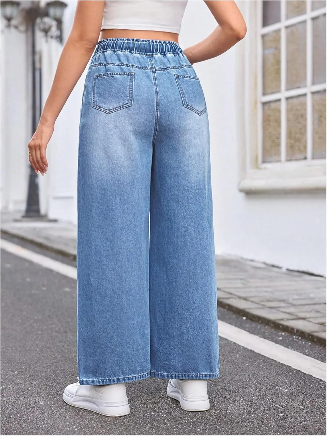 MakeMeChic Women's Maternity Denim Pants Elastic Waist Drawstring Wide Leg Baggy Pregnancy Jeans with Pockets