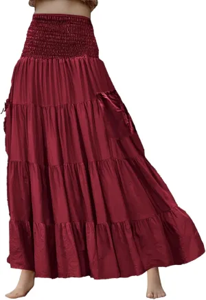 Maxi Skirt for Women Elastic Wrap Waist Beach Flowy Long Skirts with Pockets Casual Boho Ruched A-Line Dress