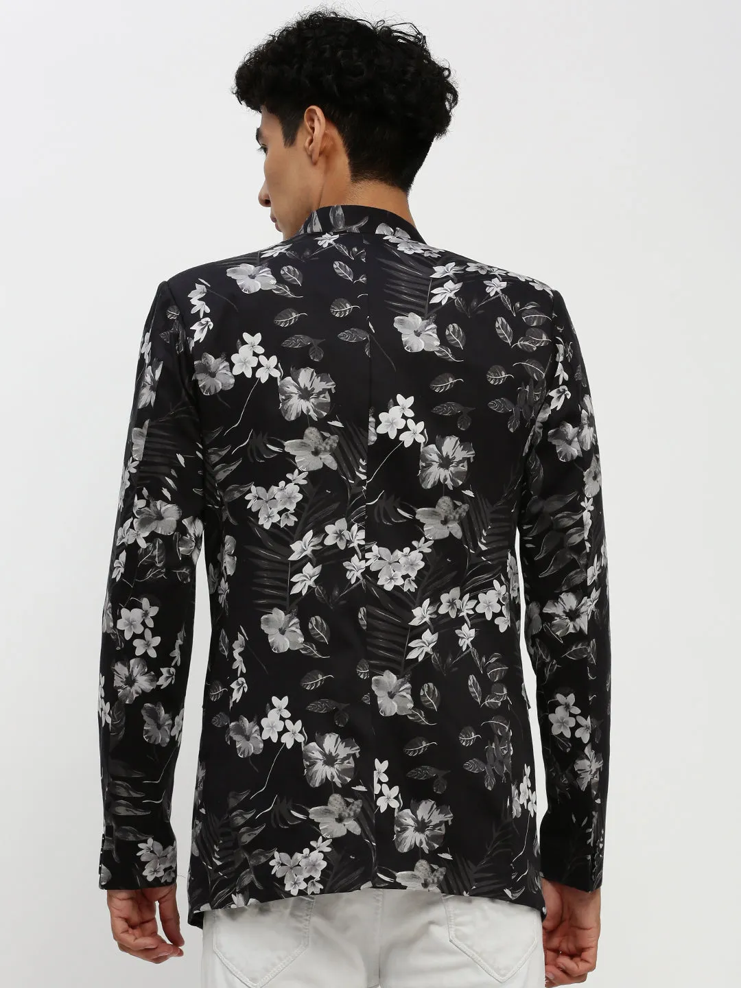 Men Black Floral Printed Bandhgala Slim Fit Blazer