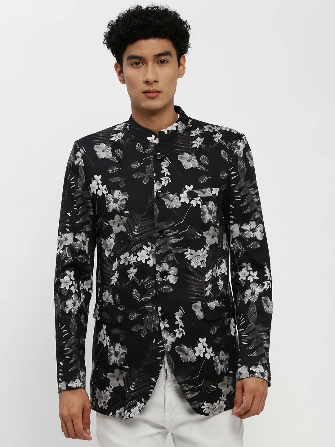 Men Black Floral Printed Bandhgala Slim Fit Blazer