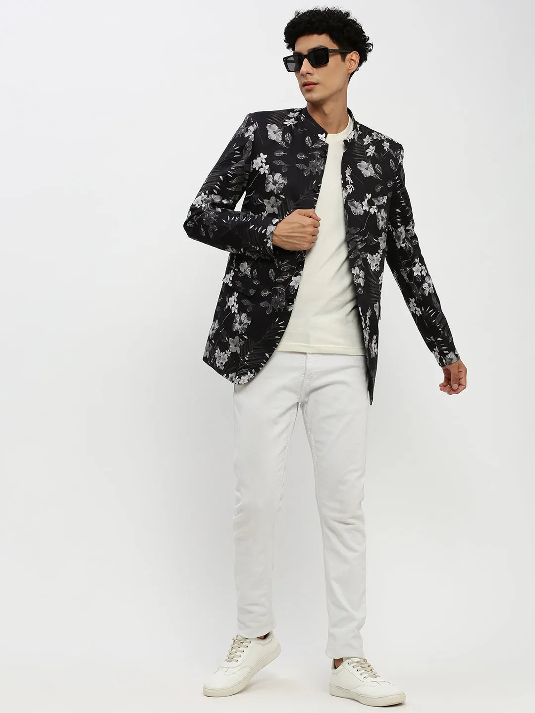 Men Black Floral Printed Bandhgala Slim Fit Blazer
