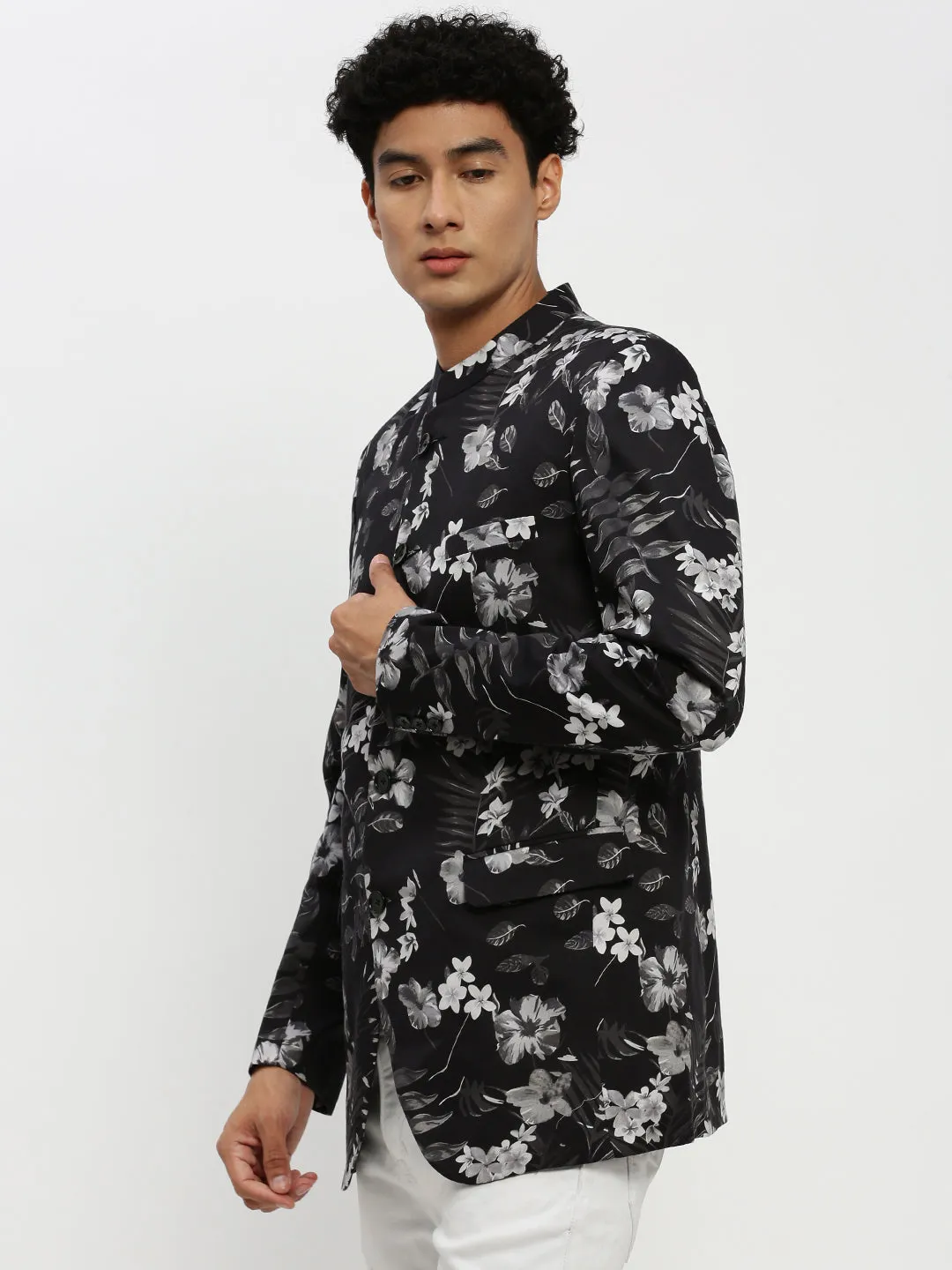 Men Black Floral Printed Bandhgala Slim Fit Blazer