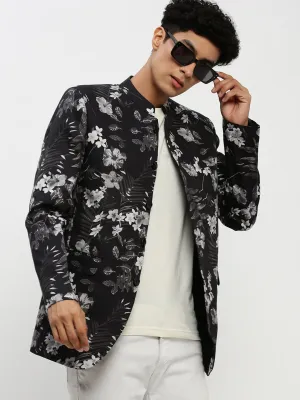 Men Black Floral Printed Bandhgala Slim Fit Blazer