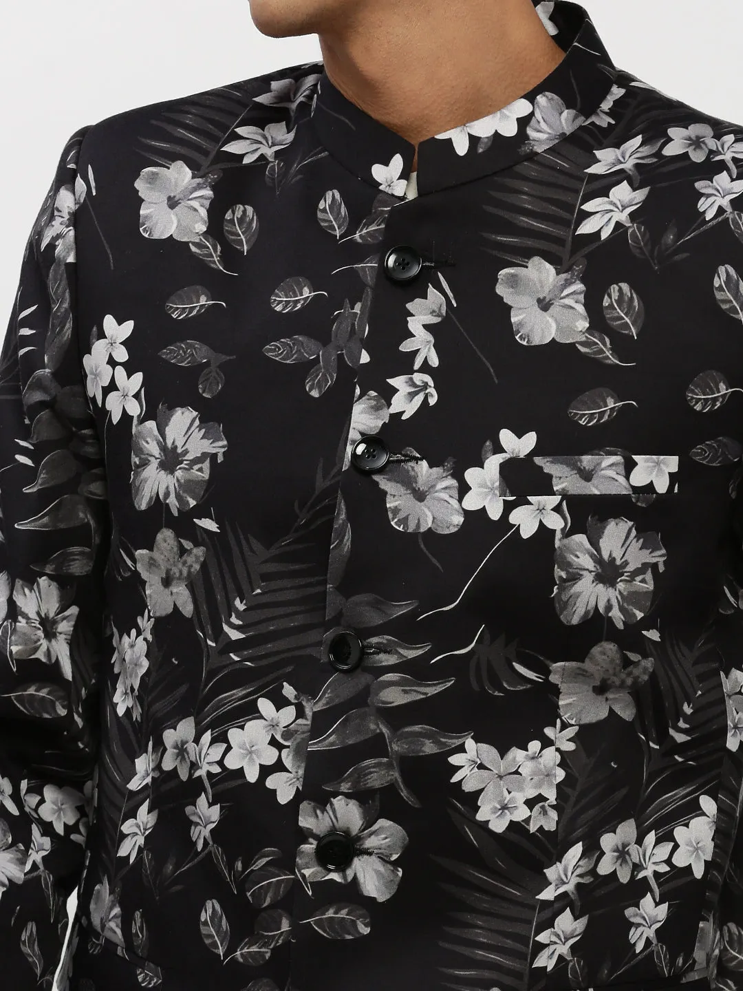 Men Black Floral Printed Bandhgala Slim Fit Blazer