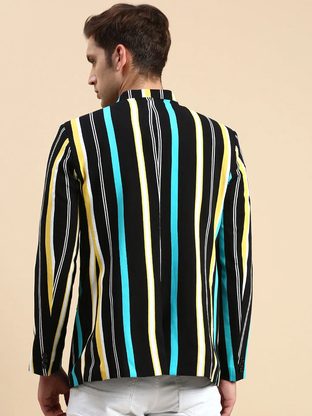 Men Black Striped Slim Fit Bandhgala Blazer