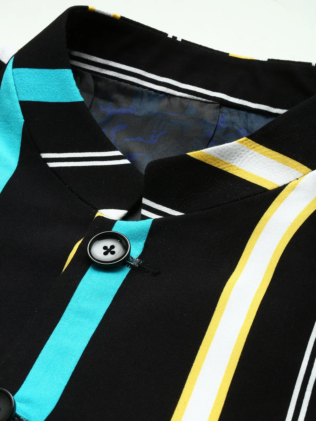 Men Black Striped Slim Fit Bandhgala Blazer