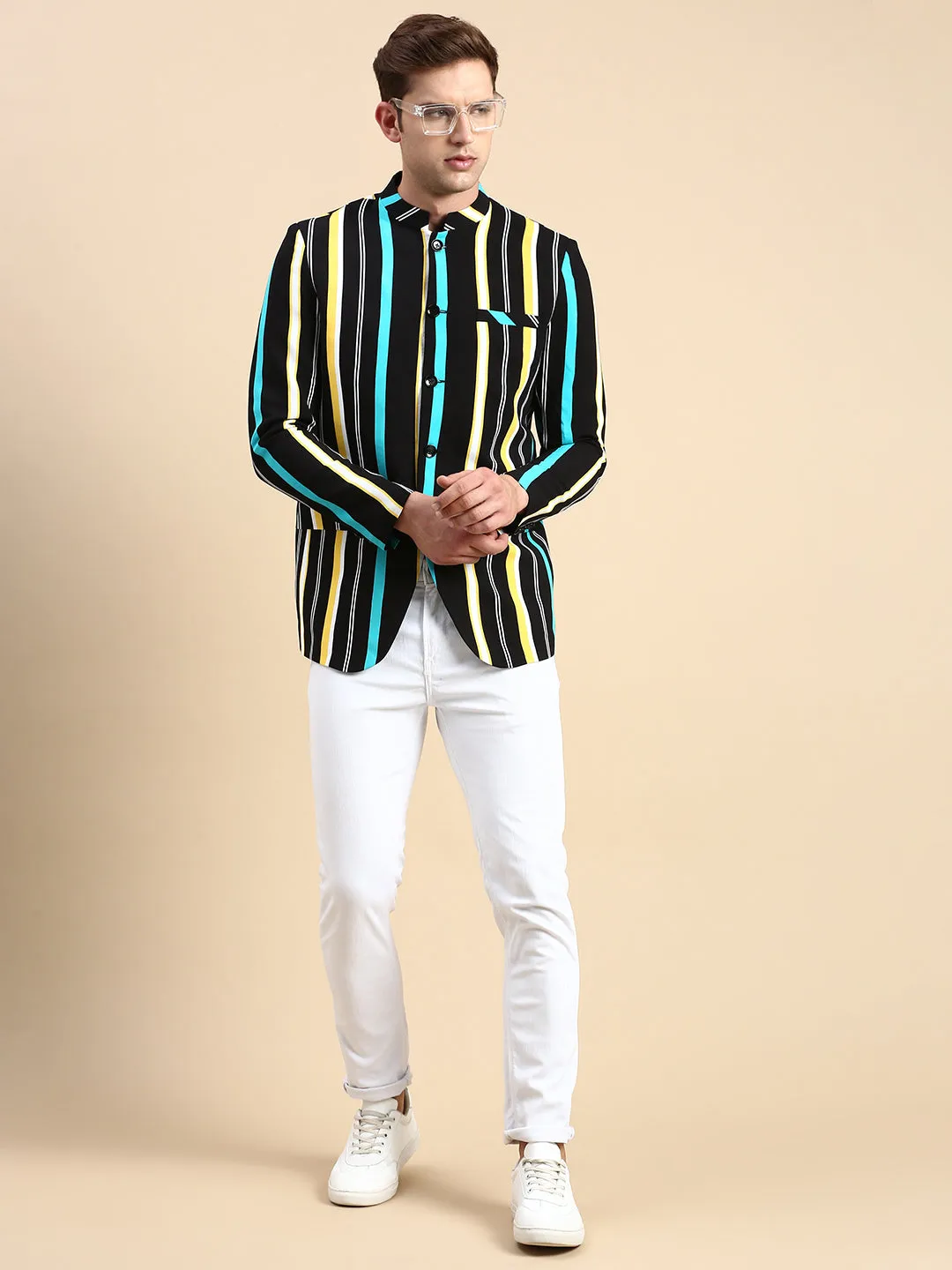 Men Black Striped Slim Fit Bandhgala Blazer