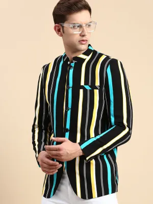 Men Black Striped Slim Fit Bandhgala Blazer