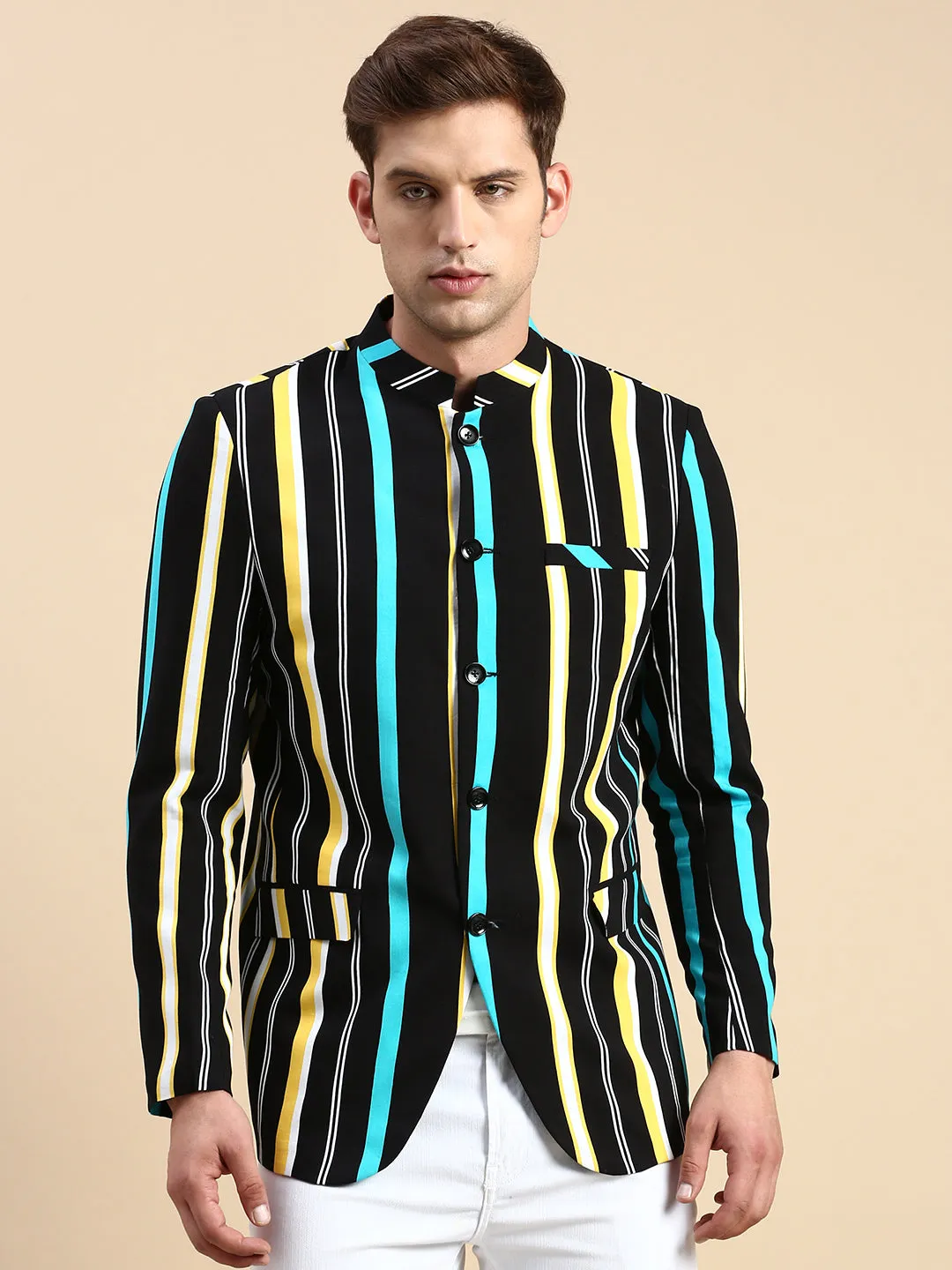 Men Black Striped Slim Fit Bandhgala Blazer