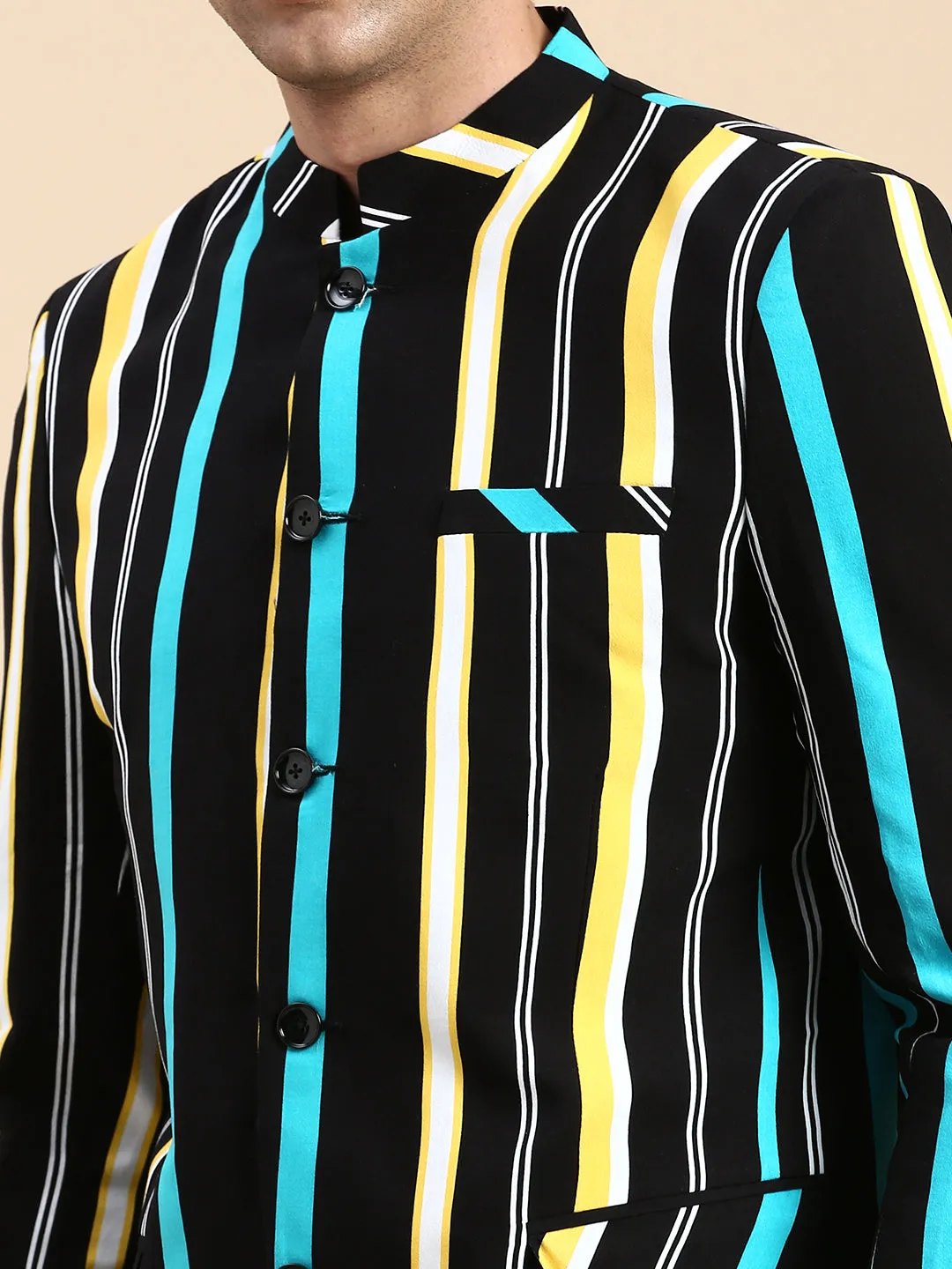 Men Black Striped Slim Fit Bandhgala Blazer