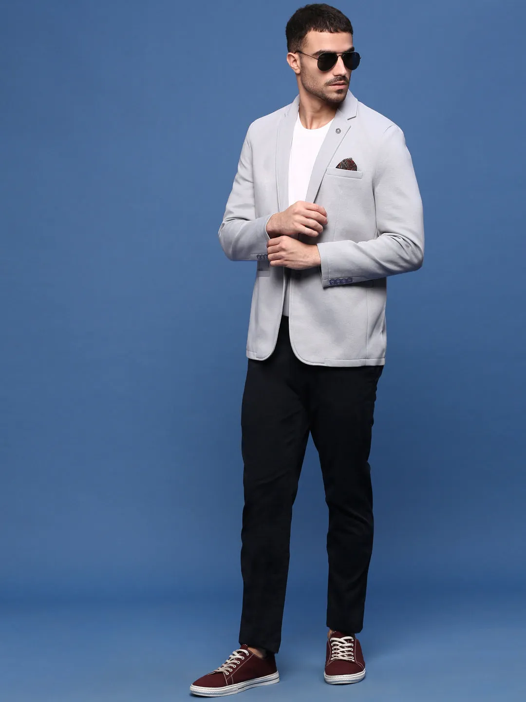 Men Grey Single Breasted Slim Fit Blazer