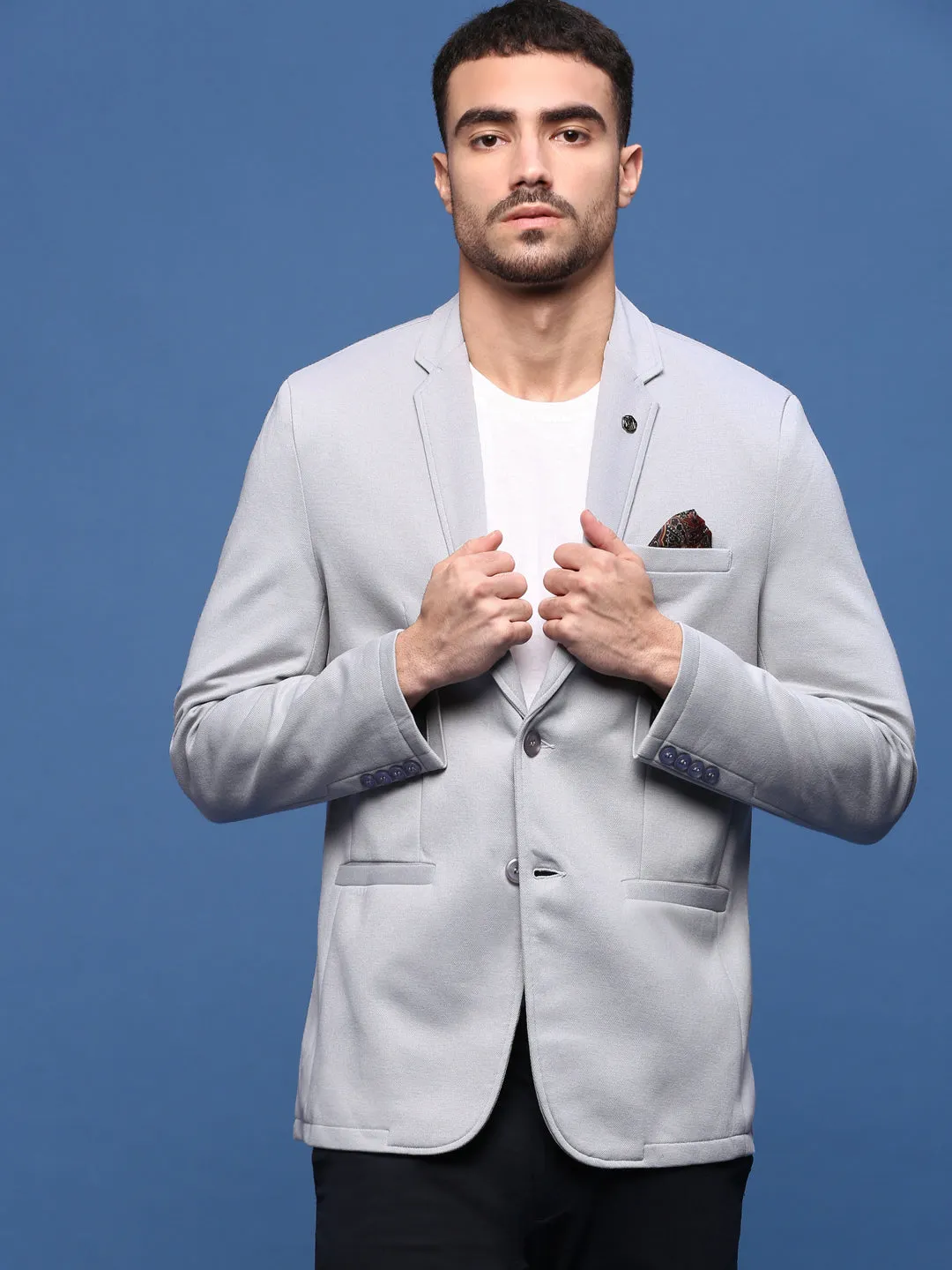 Men Grey Single Breasted Slim Fit Blazer