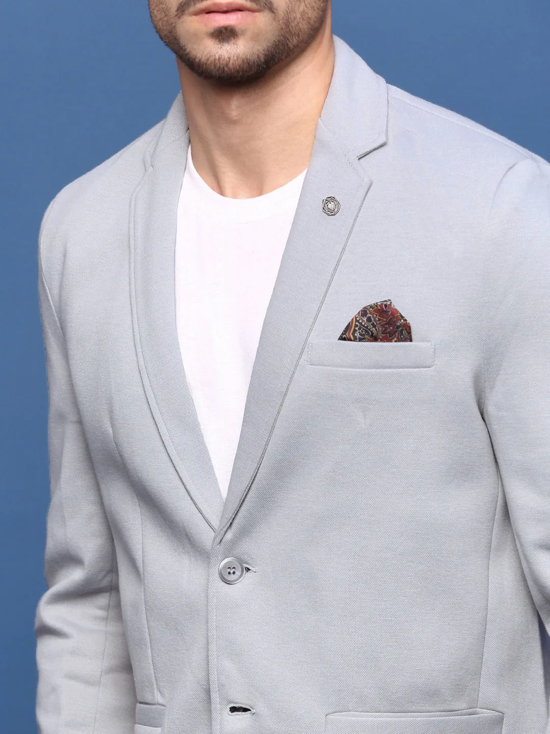 Men Grey Single Breasted Slim Fit Blazer