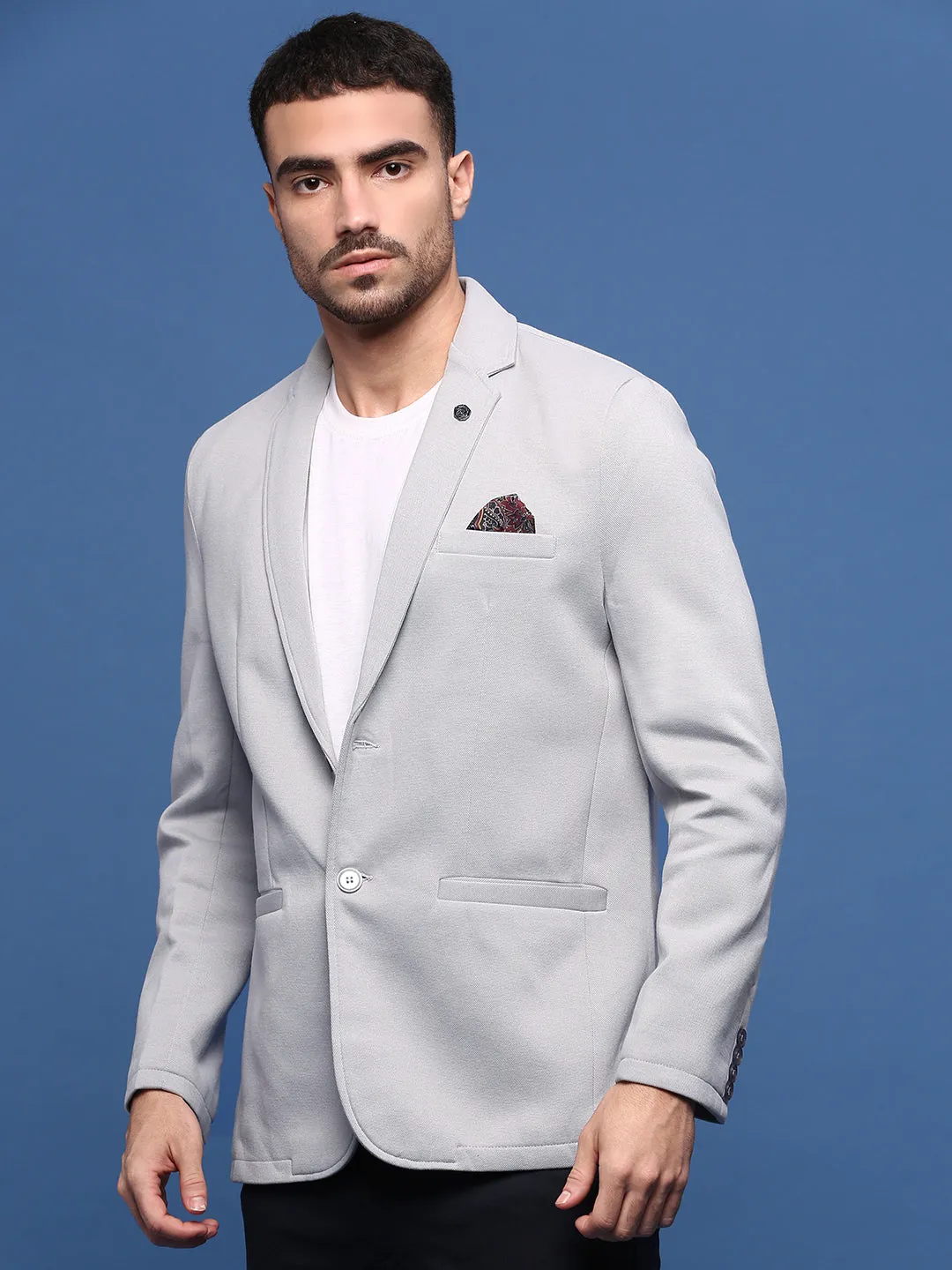 Men Grey Single Breasted Slim Fit Blazer