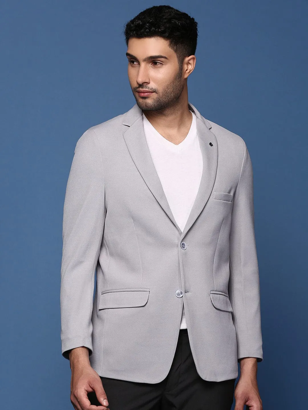 Men Grey Single Breasted Slim Fit Casual Blazer