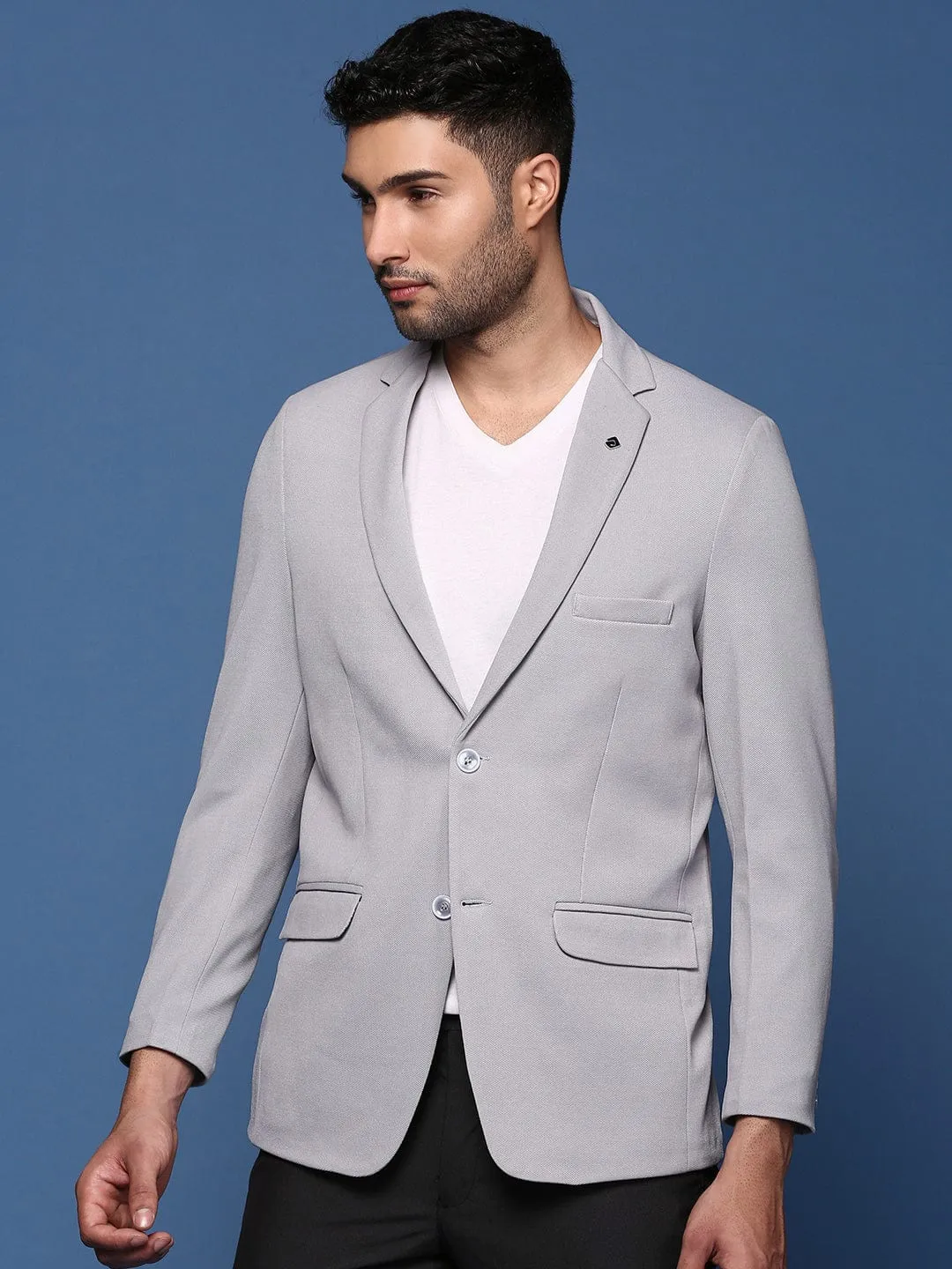 Men Grey Single Breasted Slim Fit Casual Blazer