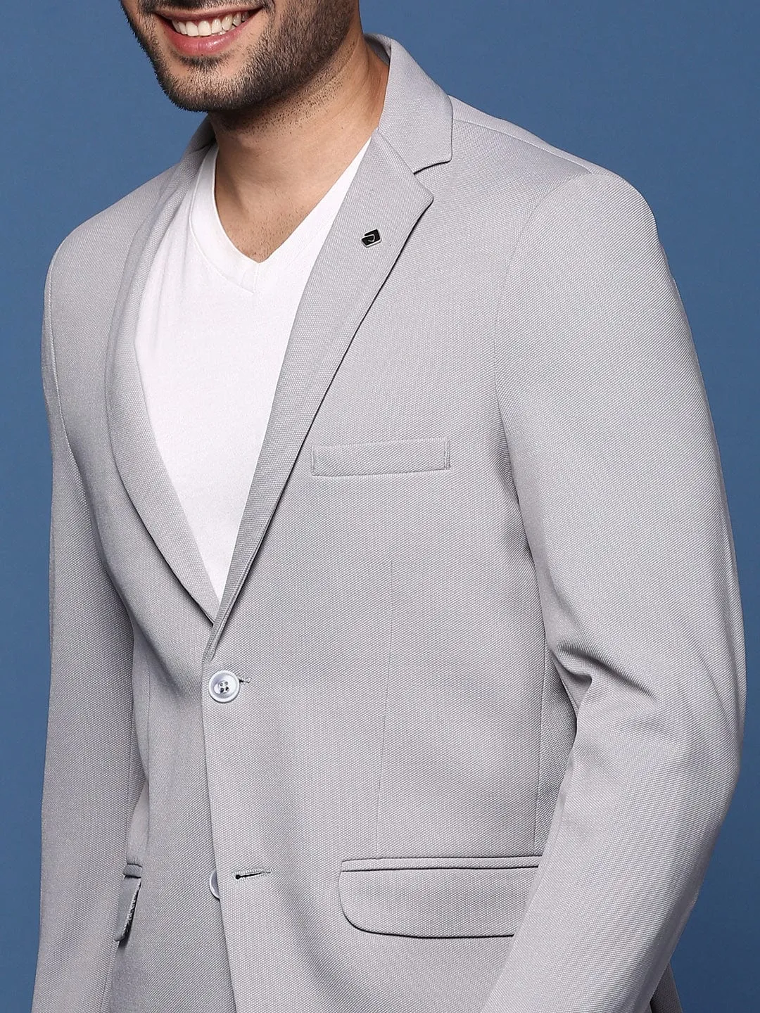 Men Grey Single Breasted Slim Fit Casual Blazer