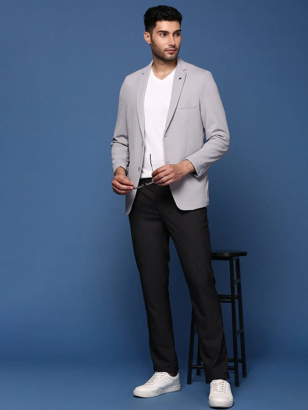 Men Grey Single Breasted Slim Fit Casual Blazer
