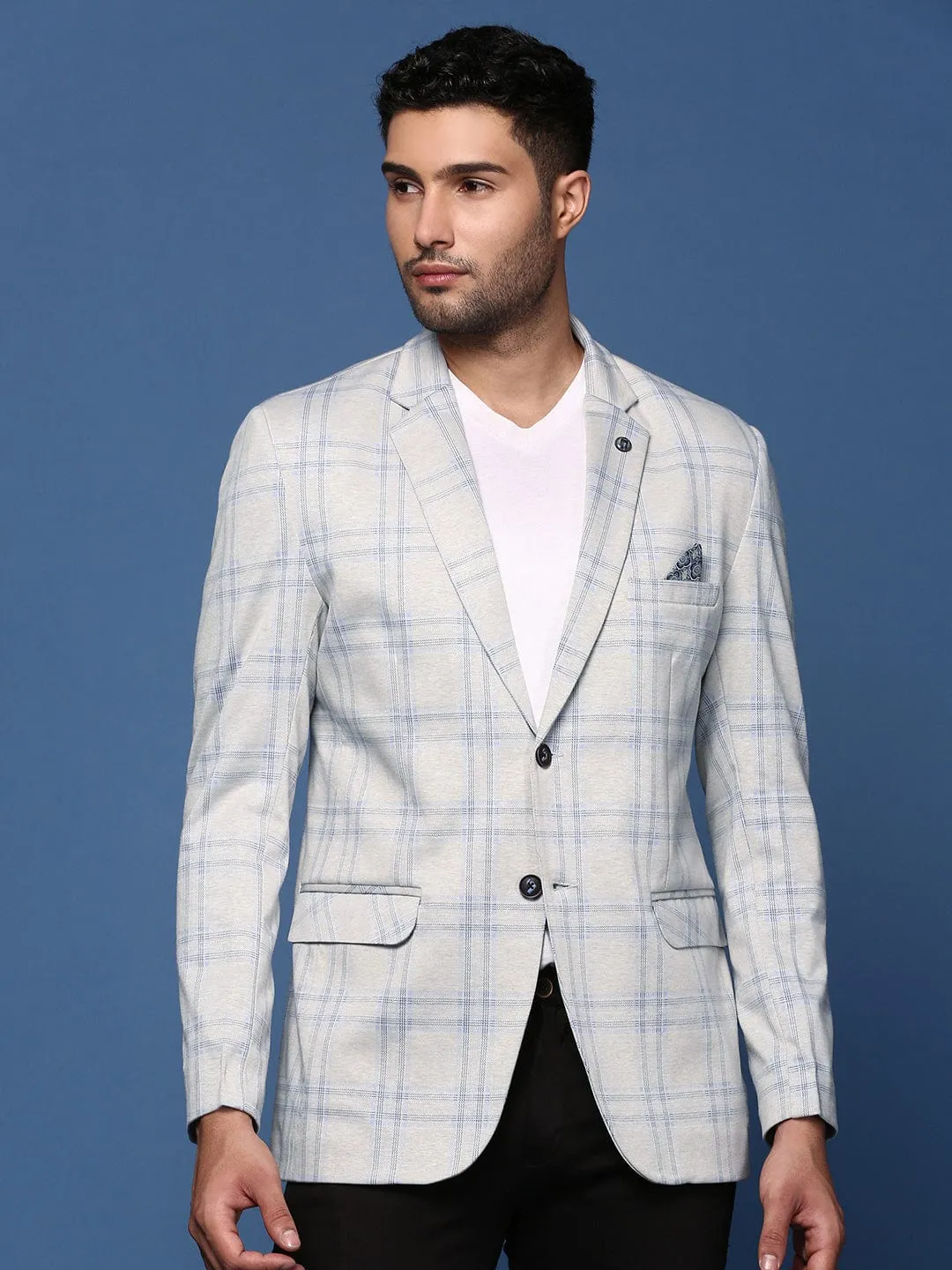 Men Grey Slim Fit Self Designed Single Breasted Blazer