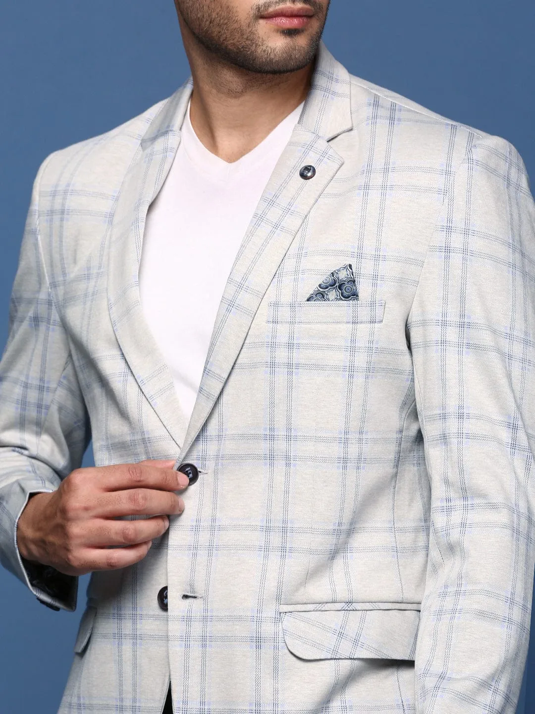 Men Grey Slim Fit Self Designed Single Breasted Blazer