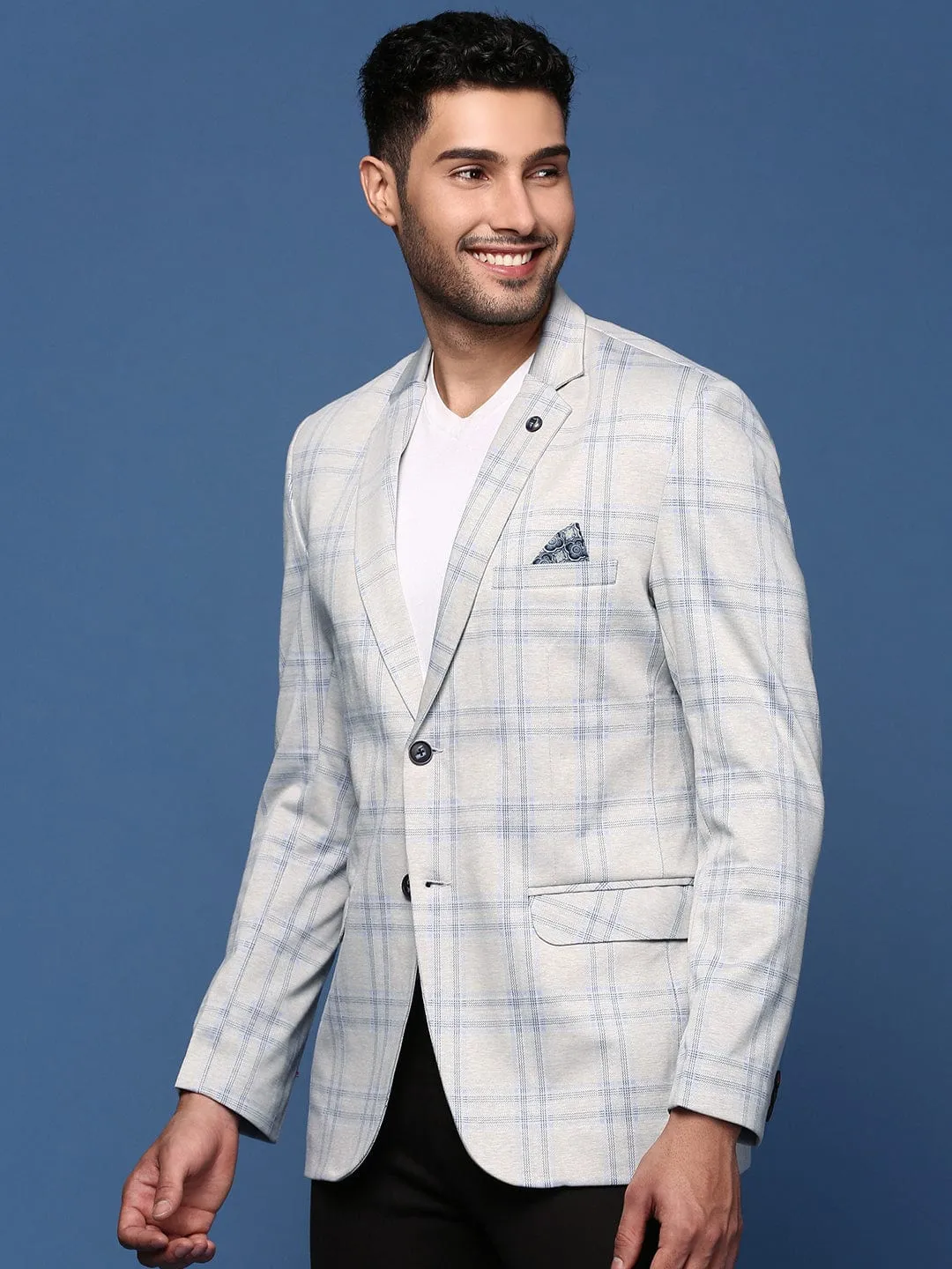 Men Grey Slim Fit Self Designed Single Breasted Blazer