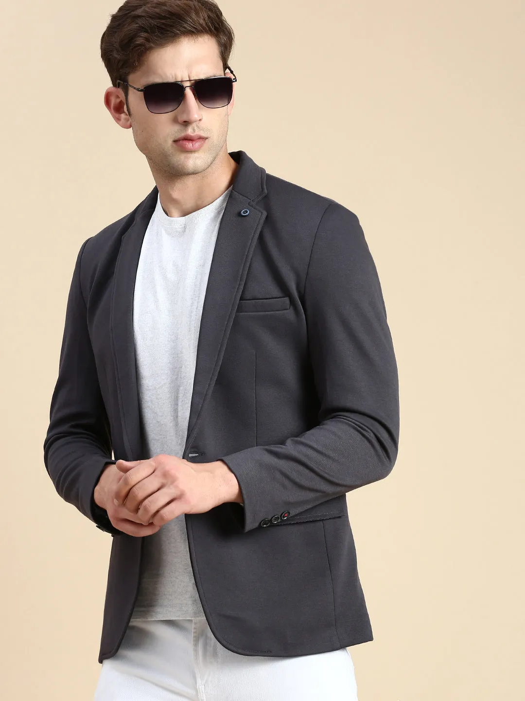 Men Grey Slim-Fit Single Breasted Blazer