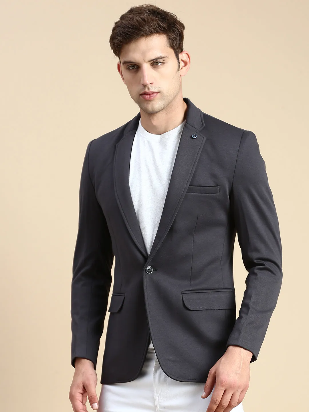 Men Grey Slim-Fit Single Breasted Blazer
