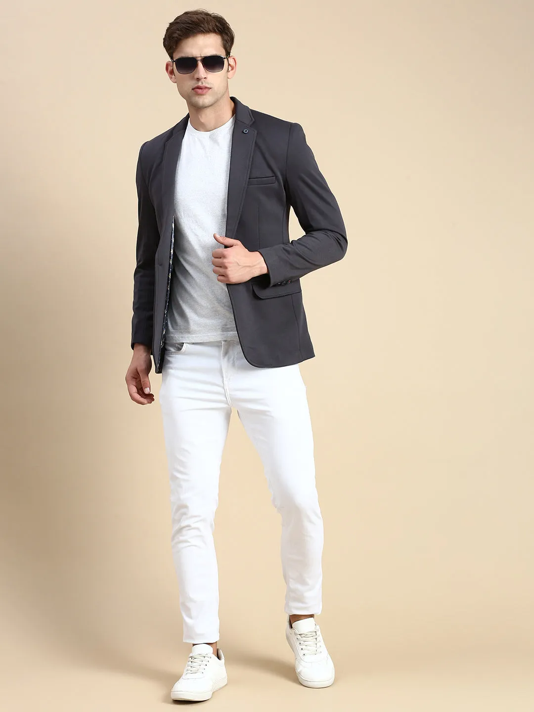 Men Grey Slim-Fit Single Breasted Blazer