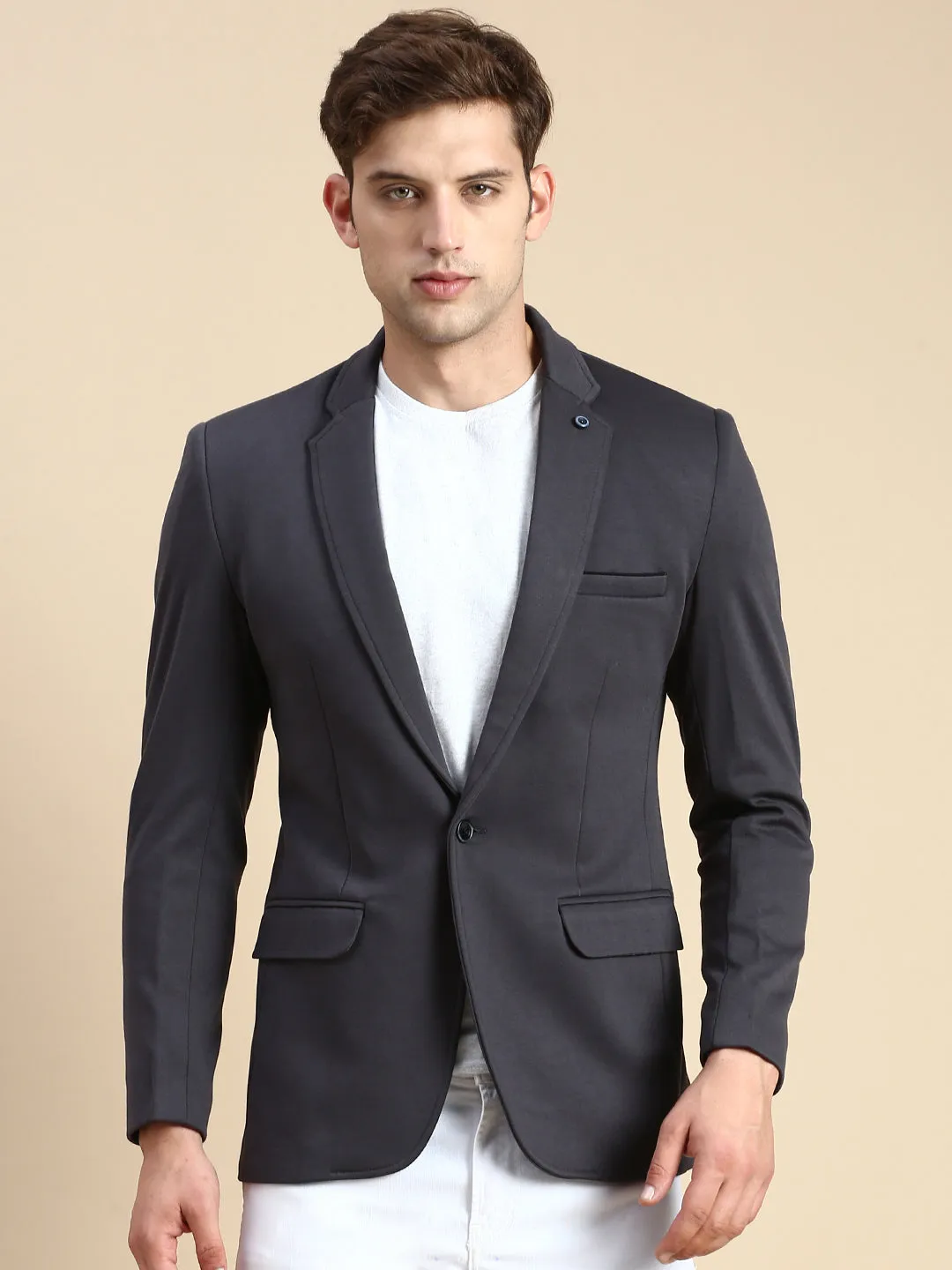 Men Grey Slim-Fit Single Breasted Blazer
