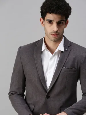 Men Grey Solid Slim-Fit Single-Breasted Blazer