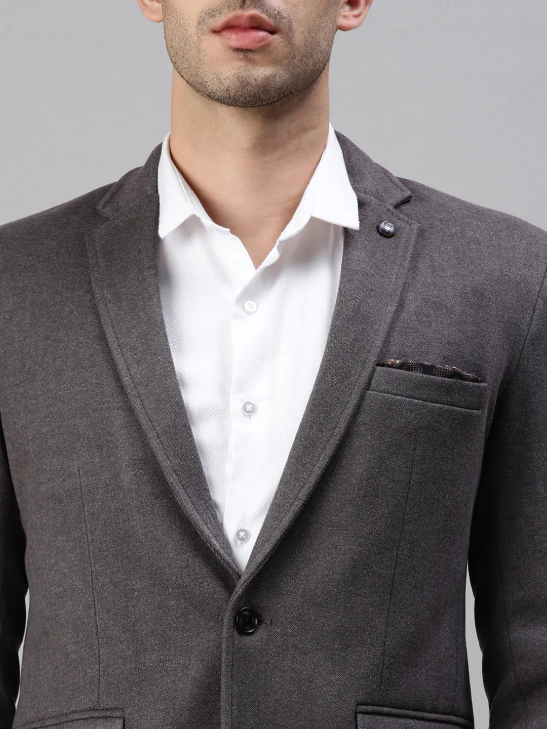 Men Grey Solid Slim-Fit Single-Breasted Blazer