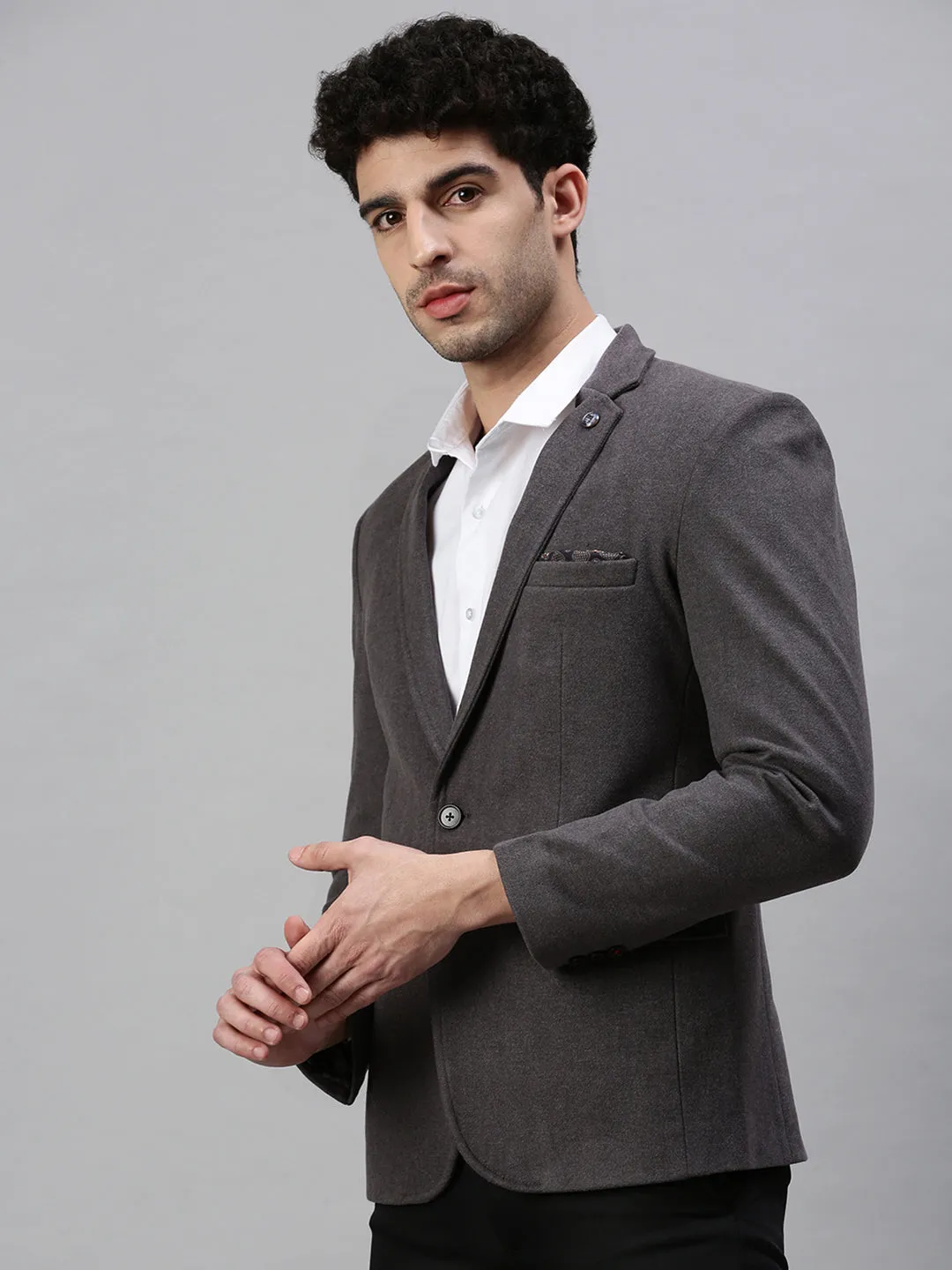 Men Grey Solid Slim-Fit Single-Breasted Blazer