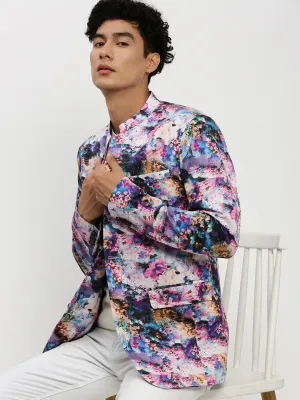Men Multi Floral Printed Bandhgala Slim Fit Blazer