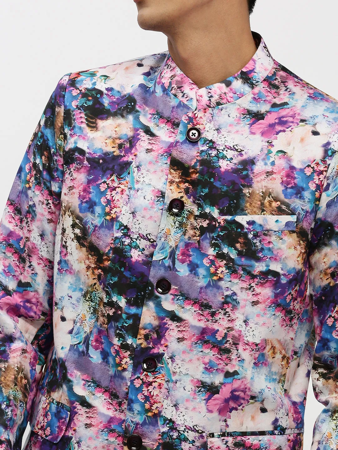 Men Multi Floral Printed Bandhgala Slim Fit Blazer