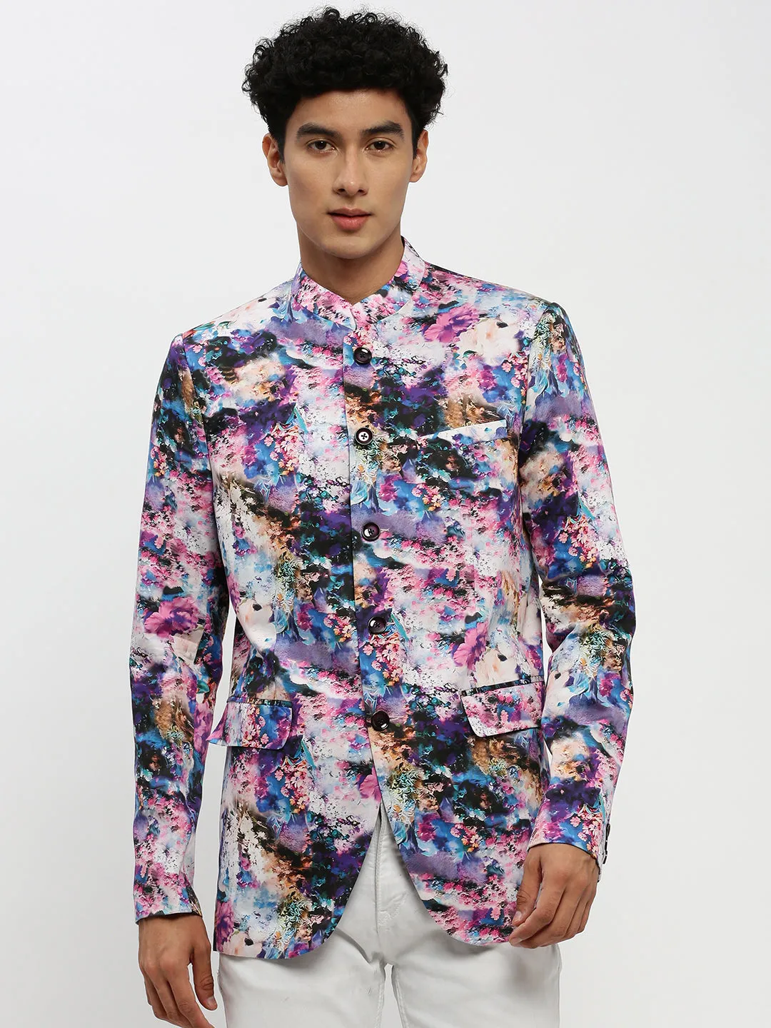 Men Multi Floral Printed Bandhgala Slim Fit Blazer