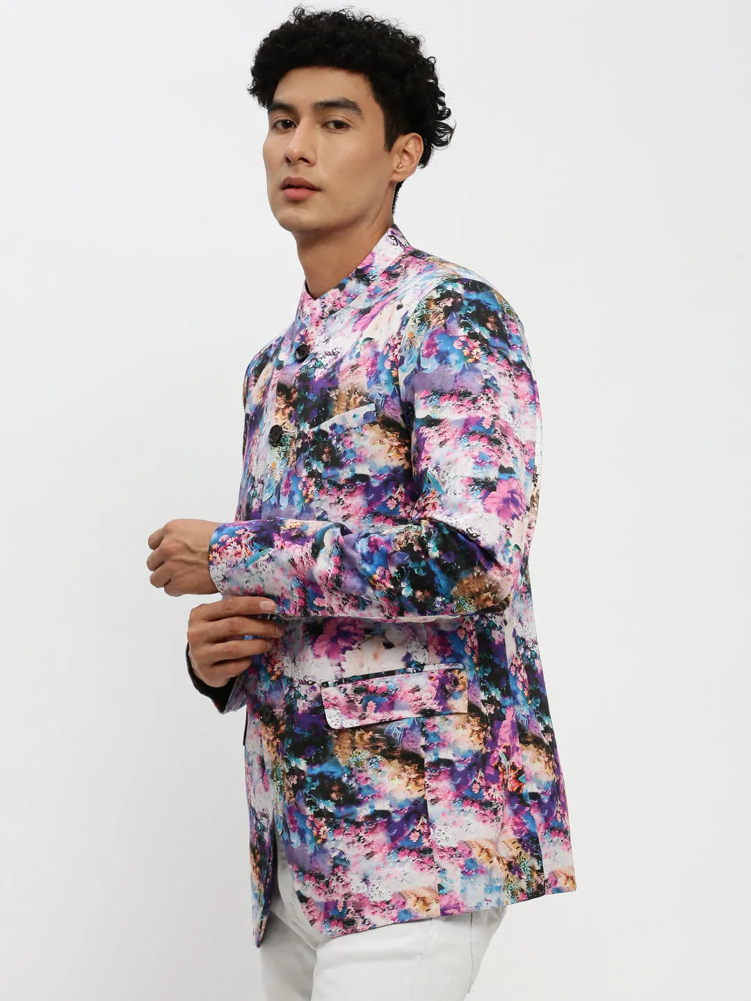 Men Multi Floral Printed Bandhgala Slim Fit Blazer